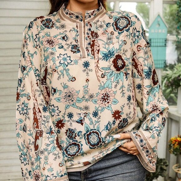 Multicolor Boho Women's Floral Print Full Sleeve Bell Sleeve Blouse - Picture 4 of 5